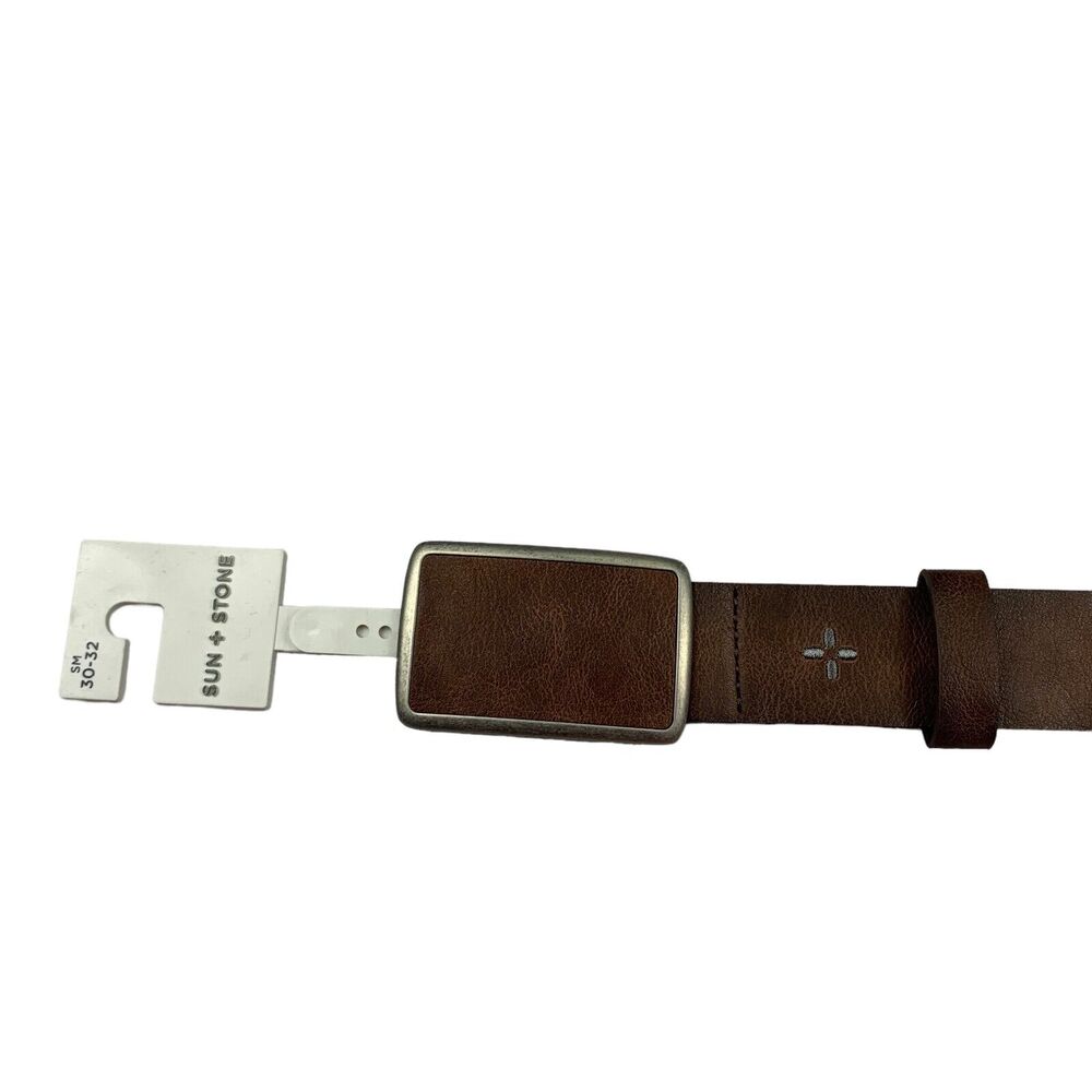 Sun + Stone Mens Faux Leather Plaque Buckle Dress Belt Brown S 30-32